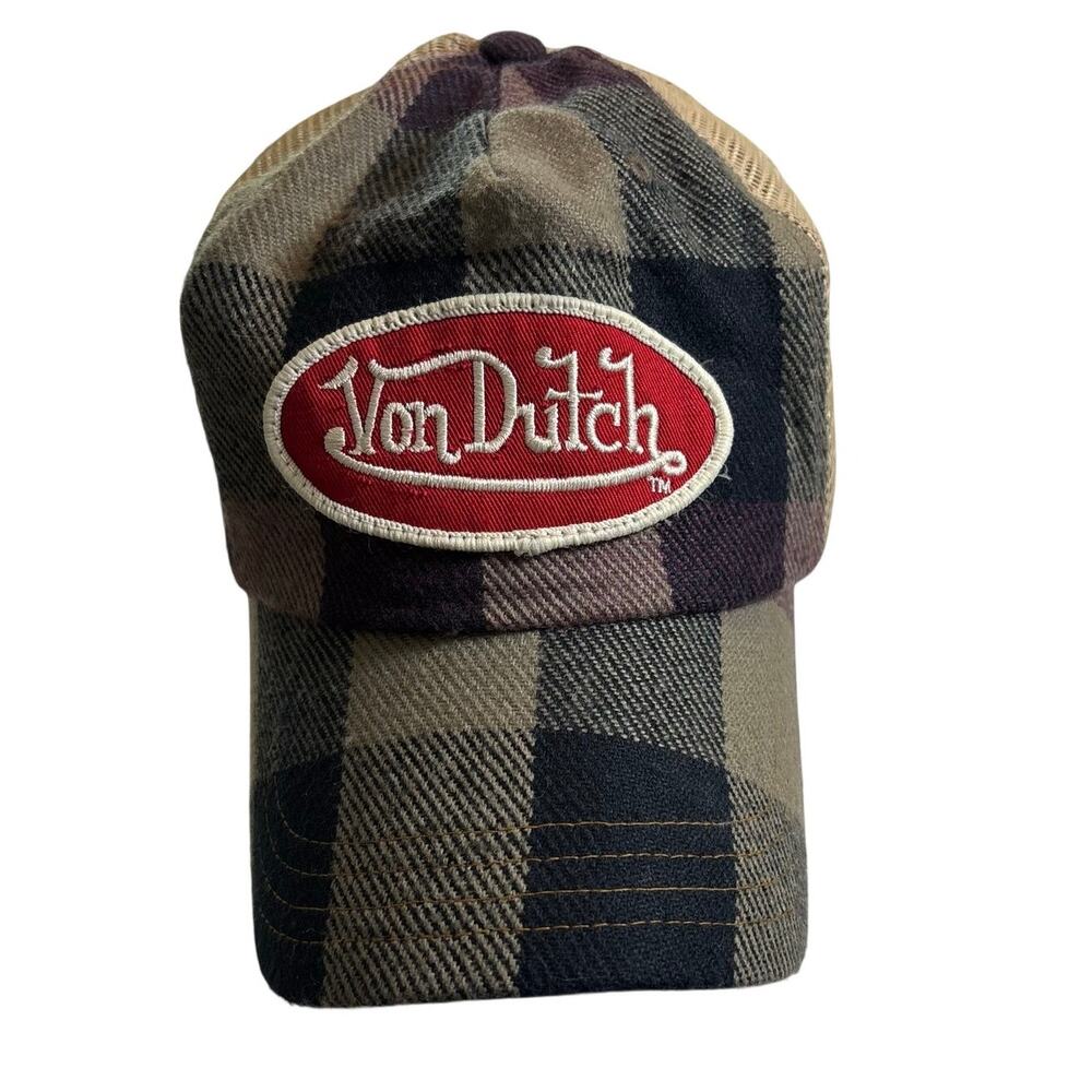 Vintage Y2K Authentic Von Dutch Plaid Trucker Hat Cap, Adjustable, Brown Black